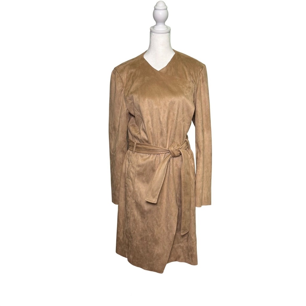 Belle Badgley Mischka Tan Faux Suede Wrap Trench Coat Belted NWOT Size Medium